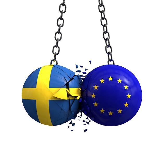 Flaga Szwecji i kule polityczne Unii Europejskiej zderzają się ze sobą Renderowanie 3D