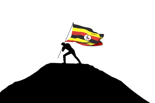 Flaga Ugandy wpychana na szczyt góry przez męską sylwetkę Renderowanie 3D