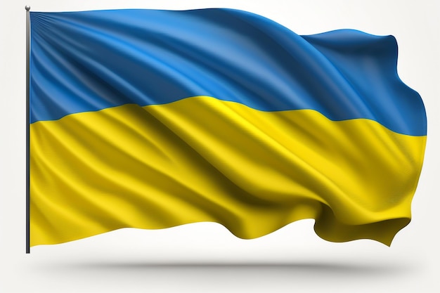 Flaga Ukrainy Bardzo szczegółowa falista struktura tkaniny Białe tło Obraz jest generowany przy użyciu sztucznej inteligencji Koncepcja patriotyzmu Kolory żółty i niebieski