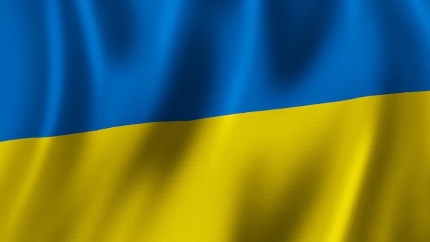 Flaga Ukrainy macha zbliżenie Renderowanie 3D z wysokiej jakości obrazem z teksturą tkaniny
