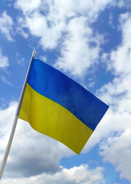 Flaga Ukrainy na białym tle na błękitnym niebie Zbliżenie machająca flaga Ukrainy Symbole flag Ukrainy