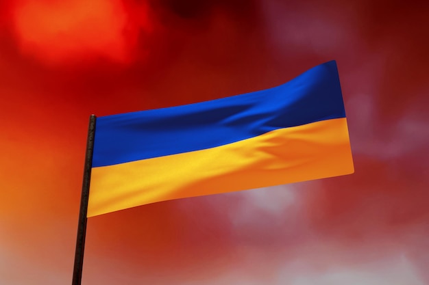Flaga Ukrainy nad krwawym niebem