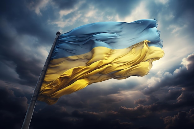 Flaga Ukrainy powiewa na błękitnym niebie