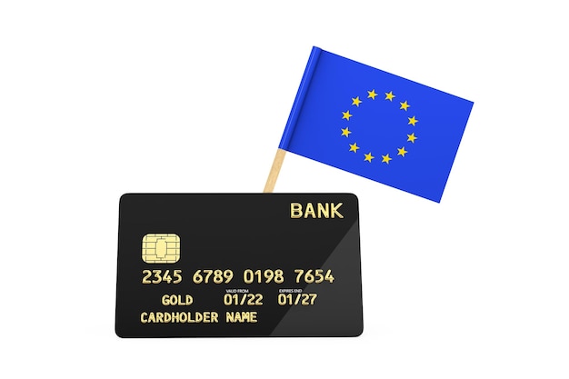 Flaga Unii Europejskiej i czarna plastikowa złota karta kredytowa z chipem na białym tle renderowania 3d