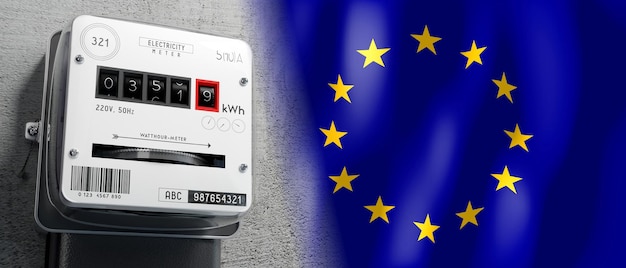Flaga Unii Europejskiej i ilustracja licznika energii 3D