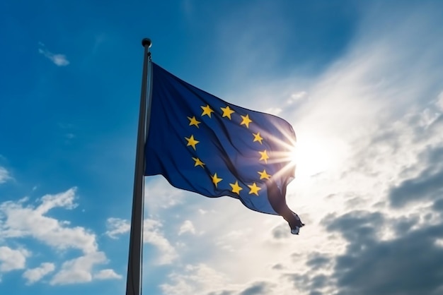 Flaga Unii Europejskiej na tle niebieskiego nieba