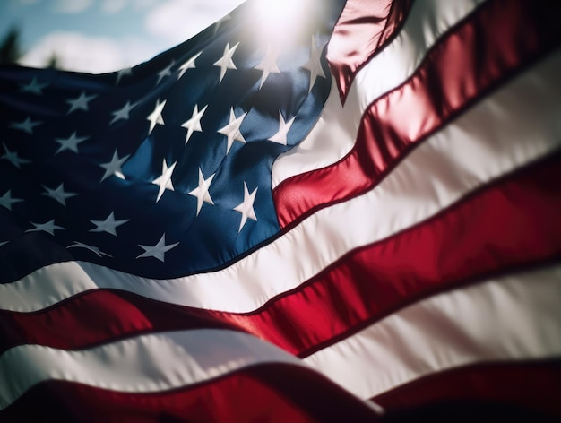 Flaga USA macha o zachodzie słońca w dniu generatywnym AI z okazji Dnia Niepodległości