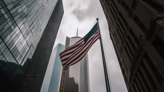 Flaga USA na maszcie w pobliżu drapaczy chmur pod zachmurzonym niebem Generative AI AIG21