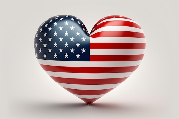 Flaga USA w formie błyszczącego serca Białe tło Obraz jest generowany przy użyciu patriotyzmu koncepcji AI Love