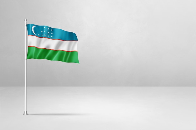 Flaga Uzbekistanu odizolowana na tle białej ściany betonowej