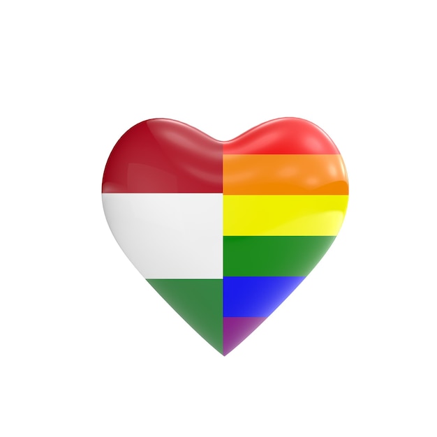 Flaga Węgier i gejów LGBT tęczowa flaga kształt serca Koncepcja praw gejów Renderowanie 3D