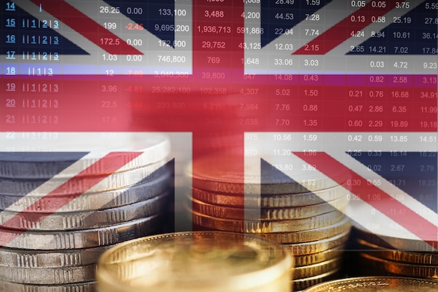 Flaga Wielkiej Brytanii z wykresem trendu gospodarki finansów giełdowych technologia cyfrowa