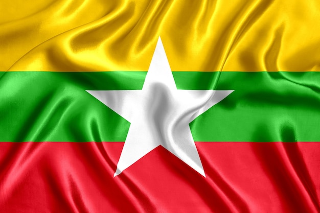 Flaga z bliska jedwabiu Myanmaru