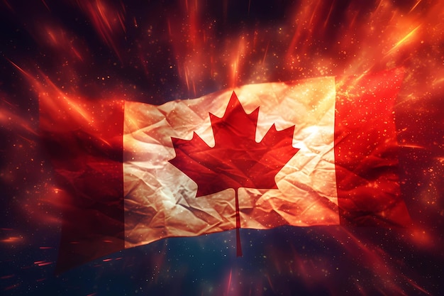 Flaga z czerwonym liściem klonu na nim Dzień Kanady