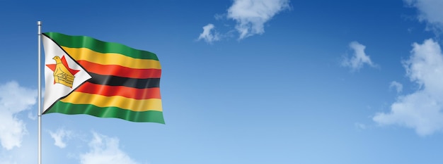 Flaga Zimbabwe trójwymiarowy render na białym tle na błękitnym niebie Poziomy baner Ilustracja 3D