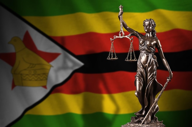 Flaga Zimbabwe z posągiem pani sprawiedliwości i wagą sądową w ciemnym pokoju Pojęcie wyroku i kary