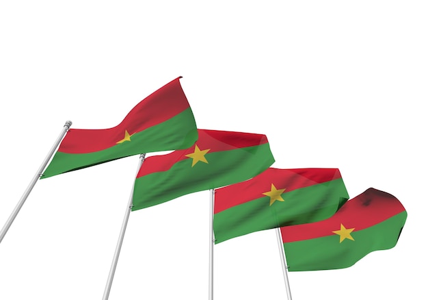 Flagi Burkina Faso z rzędu na białym tle Renderowanie 3D