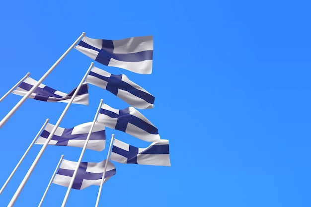 Flagi Finlandii powiewają na wietrze na tle renderowania błękitnego nieba