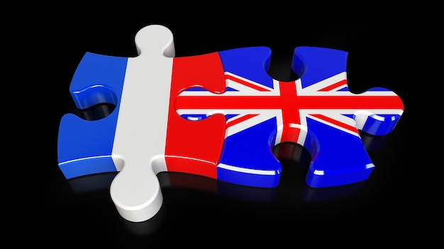 Flagi Francji i Wielkiej Brytanii na puzzlach. Koncepcja relacji politycznych. renderowanie 3D