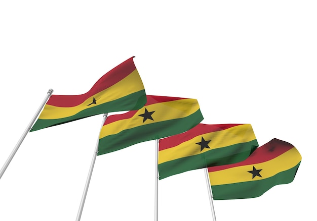 Flagi Ghany z rzędu na białym tle Renderowanie 3D