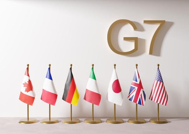 Flagi grupy siedmiu krajów G7 Kanada Francja Niemcy Włochy Japonia Wielka Brytania USA Szczyt G7 jest międzyrządowym forum politycznym Gospodarka światowa handel globalny polityka gospodarcza renderowanie 3d