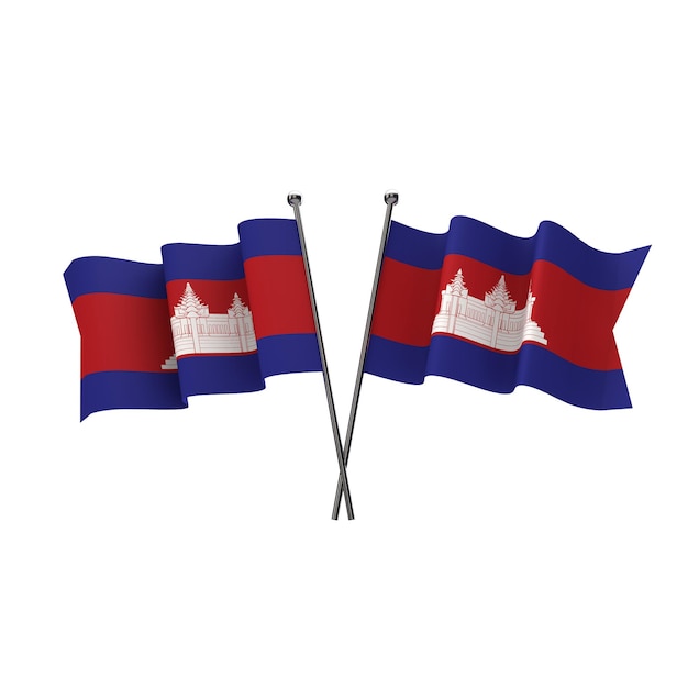 Flagi Kambodży skrzyżowane na białym tle na białym tle Renderowanie 3D