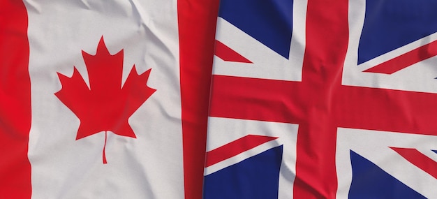 Flagi Kanady i Wielkiej Brytanii Zbliżenie flagi lnianej Flaga wykonana z płótna Kanadyjska Ottawa Liść klonowy Wielka Brytania ilustracja 3d