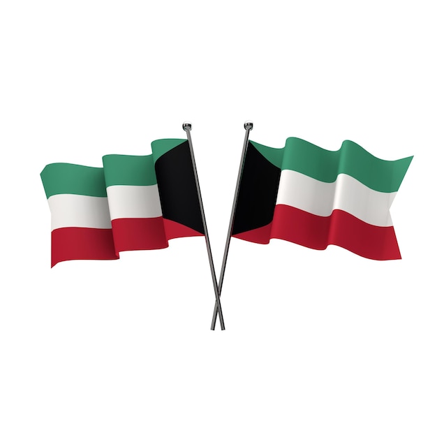 Flagi Kuwejtu skrzyżowane na białym tle na białym tle Renderowanie 3D
