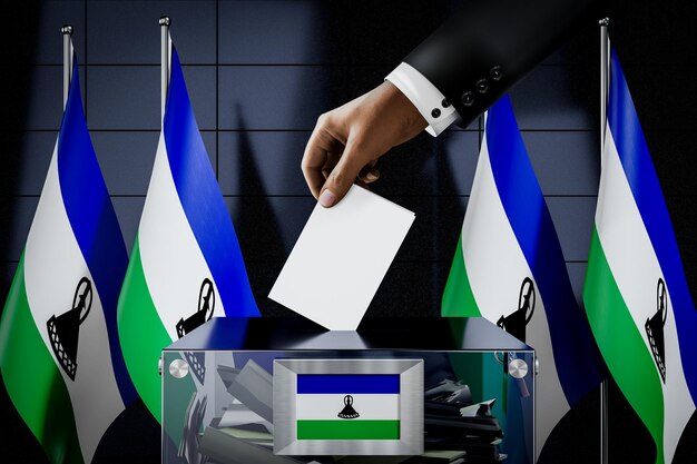 Zdjęcie flagi lesotho ręcznie upuszczają kartę do głosowania w polu głosowania koncepcja wyborów ilustracja 3d