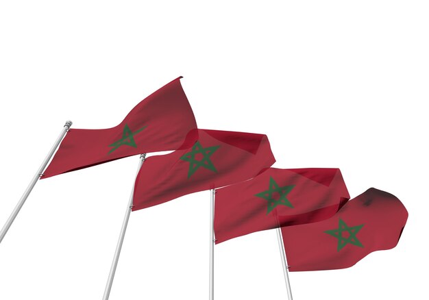 Flagi Maroka z rzędu na białym tle Renderowanie 3D