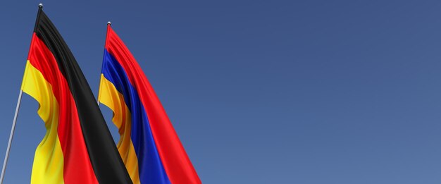 Flagi Niemiec i Armenii na masztach flagowych z boku Flagi na niebieskim tle Miejsce na tekst Niemiecki Berlin Erywań ilustracja 3D