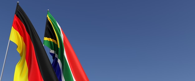 Flagi Niemiec i Republiki Południowej Afryki na masztach flagowych z boku Flagi na niebieskim tle Miejsce na tekst Niemiecki Berlin Kapsztad Pretoria ilustracja 3D
