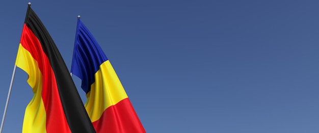 Flagi Niemiec i Rumunii na masztach flagowych z boku Flagi na niebieskim tle Miejsce na tekst Berlin Monachium Bukareszt Commonwealth Ilustracja 3D