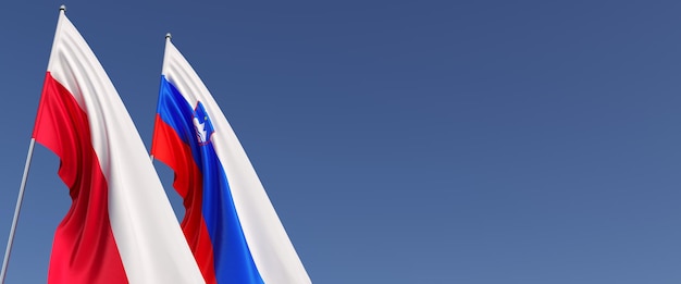 Flagi Polski i Słowenii na maszcie z boku Flagi na niebieskim tle Miejsce na tekst Polska Warszawa Lublana Ilustracja 3D