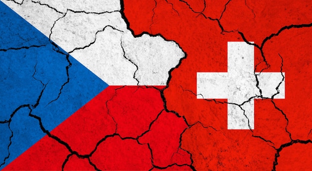 Flagi Republiki Czeskiej i Szwajcarii na pękniętej koncepcji relacji politycznych na powierzchni