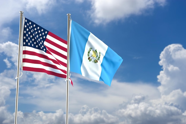 Flagi Stanów Zjednoczonych Ameryki i Gwatemali na tle błękitnego nieba ilustracja 3D