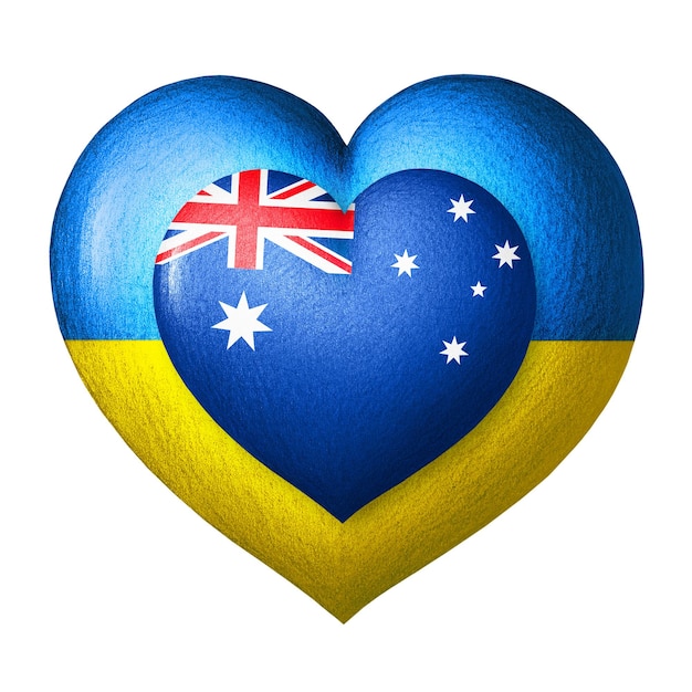 Flagi Ukrainy i Australii Dwa serca w kolorach flag samodzielnie na biały