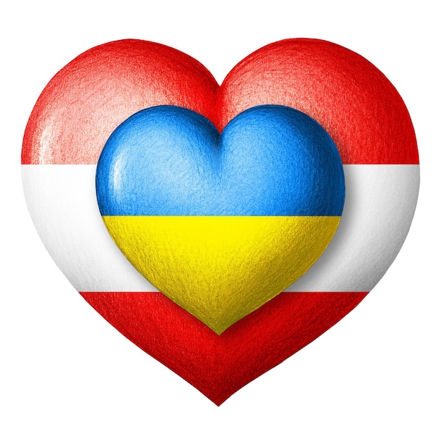 Flagi Ukrainy i Austrii Dwa serca w kolorach flag samodzielnie na biały