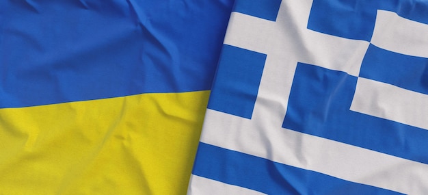 Flagi Ukrainy i Grecji Flaga lniana z bliska Flaga wykonana z płótna Ukraiński grecki Ateny Symbole narodowe ilustracja 3d