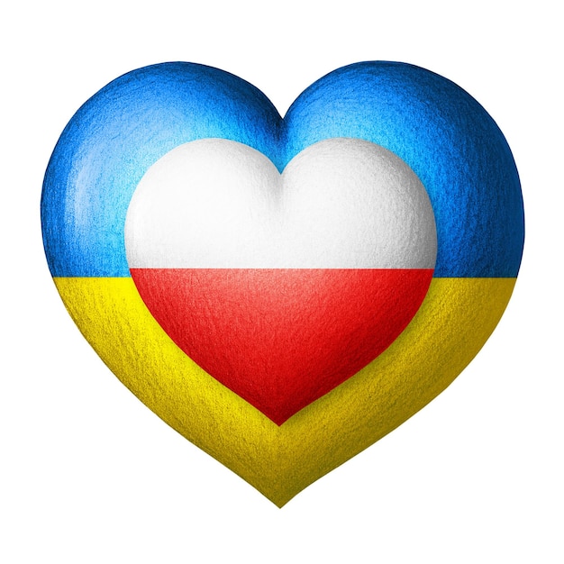 Flagi Ukrainy i Polski Dwa serca w kolorach flag samodzielnie na biały