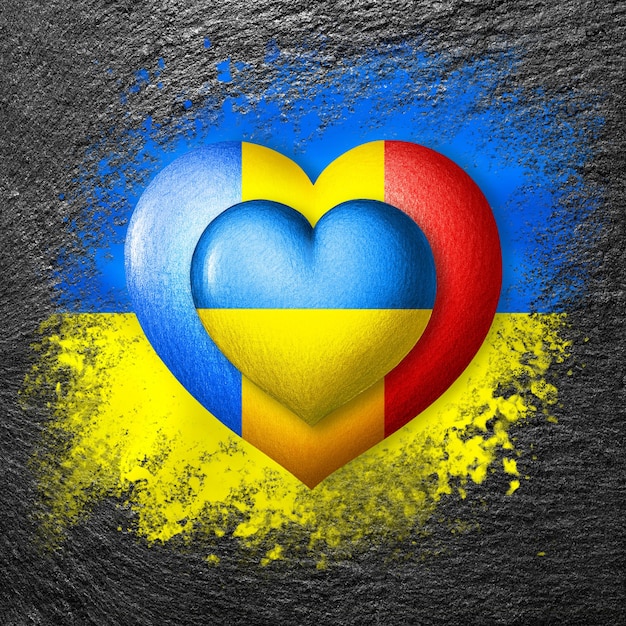 Flagi Ukrainy i Rumunii Dwa serca w kolorach flag na fladze Ukrainy