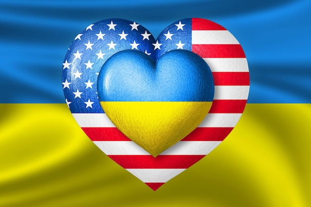 Flagi Ukrainy i USA Dwa serca w kolorach flag