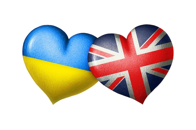 Flagi Ukrainy i Wielkiej Brytanii Dwa serca w kolorach flag wyizolowanych na bia?ym