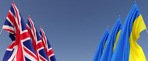 Flagi Ukrainy i Wielkiej Brytanii na masztach flagowych po bokach Flagi na niebieskim tle Miejsce na tekst Niezależna Ukraina Trzy flagi Wielkiej Brytanii Europa Ilustracja 3D