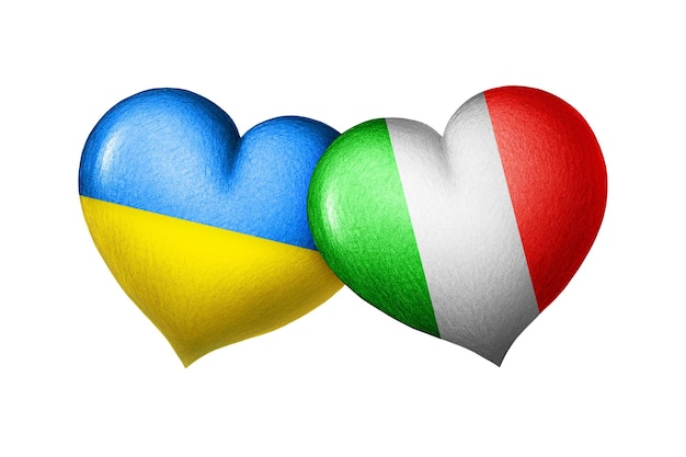 Flagi Ukrainy i Włoch Dwa serca w kolorach flag samodzielnie na białym tle