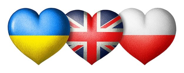 Flagi Ukrainy Wielkiej Brytanii i Polski Trzy serca w kolorach flag samodzielnie na białym tle