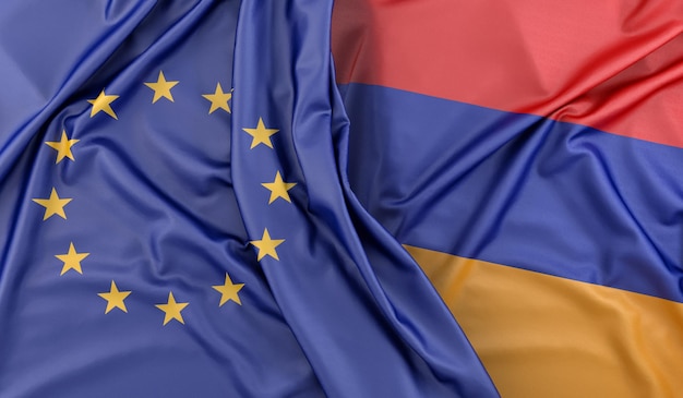 Zdjęcie flagi unii europejskiej i armenii w 3d