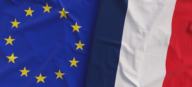 Flagi Unii Europejskiej i Francji Pościel flagi zbliżenie Flaga wykonana z płótna UE Francuski Paryż Symbole narodowe 3d ilustracji