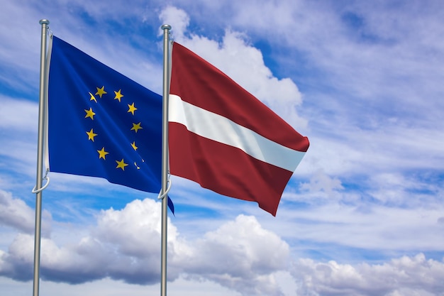 Flagi Unii Europejskiej i Republiki Łotewskiej na tle błękitnego nieba ilustracja 3D