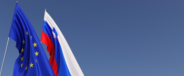 Flagi Unii Europejskiej i Słowenii na masztach flagowych z boku na niebieskim tle Miejsce na tekst Flaga UE Lublana ilustracja 3d